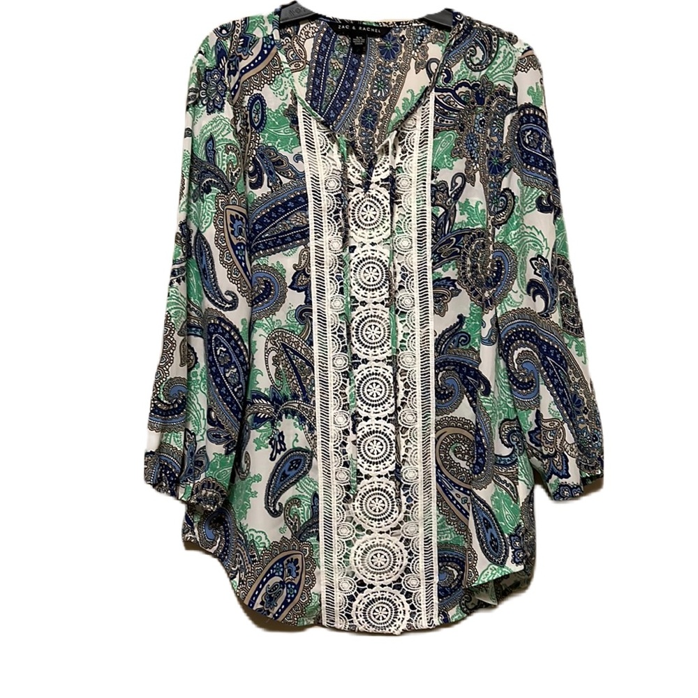 ZAC & RACHEL, Bishop Sleeves, Tie Up Neckline, Crochet Trim Top, Multi Colors, S